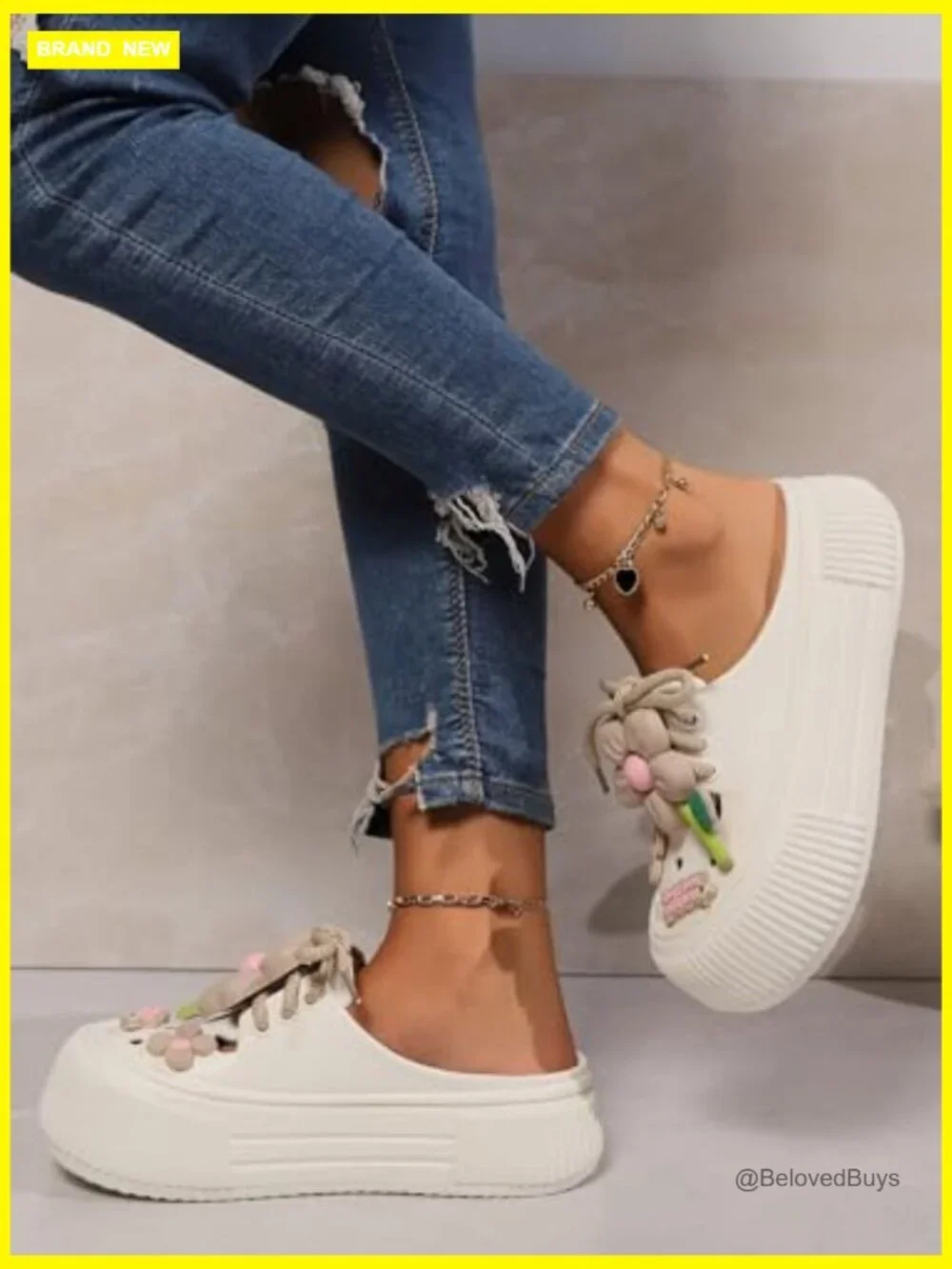 Platform Slide Sandals with Bow and Flower Charms, Cushioned Footbed